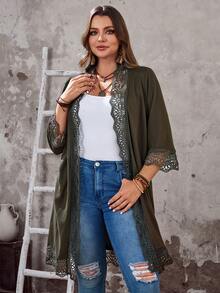 EMERY ROSE 大码休闲拼接蕾丝开襟羊毛衫 - 軍綠色 - 查看 4