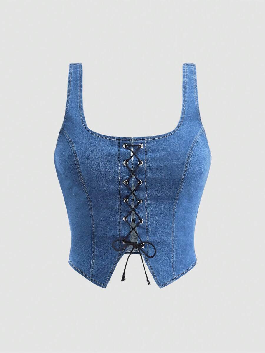 SHEIN MOD Áo sơ mi denim dáng lệch vạt, dây chéo, thời trang mùa hè cỡ lớn. - Rửa trung bình - Xem 1