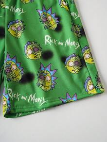 Rick and Morty X SHEIN 男士舒适卡通图案圆领短袖T恤短裤睡衣套装，夏季 - 綠色 - 查看 7