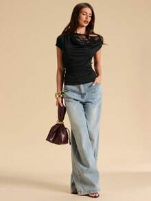 SHEIN BAE Women's Asymmetric Lace Patchwork Sheer Fitted Blouse, Sexy Lace Summer Top - Black - View 4