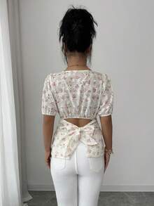 SHEIN Raffinéa 时尚优雅女士上衣，刺绣印花面料，镂空后背蝴蝶结设计，通勤必备，时尚别致。 - 彩色 - 查看 9