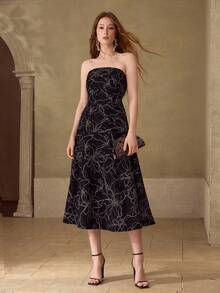 MOTF PREMIUM WOMEN'S MESH EMBROIDERED MIDI TUBE DRESS FOR DATES - Black - View 5