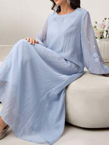 Al Najma Abito elegante e romantico con scollo tondo, maniche a lanterna, decorato con perle e fiori 3D, con gonna ampia, adatto per la primavera/estate - Blu - Visualizzare 9