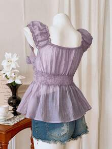 Modelyn Women's Casual Knotted Sweetheart Neck Ruffle Hem Blouse, Summer - Mauve Purple - View 4