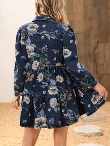 EMERY ROSE Vacation Casual Floral Print Button Front Denim Dress - Dark Wash - View 2
