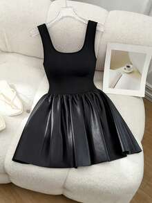 Elenzga 夏季新款黑色法式优雅修身方领无袖系带泡泡下摆高端设计女式紧身连衣裙 - 黑色 - 查看 3