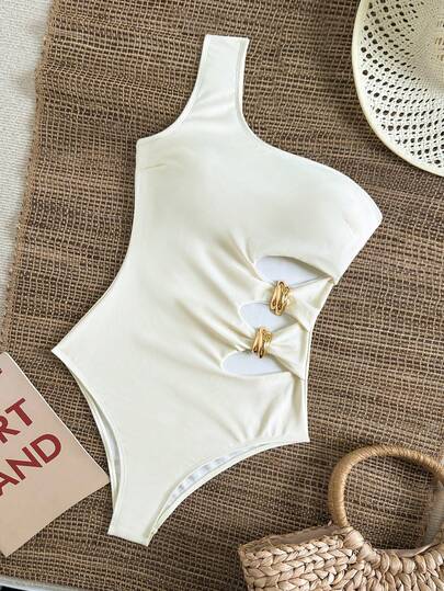 Swim Vcay 1pc Solid Color Tie Shoulder, Waist Hollow Metal Decor, Elegant Vacation Romper For Women