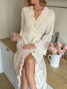 SHEIN Women's Casual Knitted Jacquard Ruffle Hem Long Robe, Lightweight Spring/Autumn Loungewear - Apricot - View 3