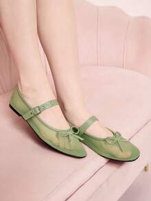 CUCCOO DOLLMOD Sepatu Flat Wanita Ujung Bulat Nyaman dengan Pita Merah Muda Modis dan Elegan, Sepatu Musim Semi, Liburan Musim Semi, Paskah, Hari Valentine - Kain kasa hijau - View 4
