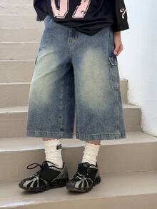 DAZY Tween Girls' Pocketed Casual Versatile Everyday Wear Wide Leg Jeans - Blue - View 5