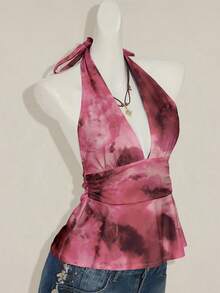 SHEIN ICON Áo tank top kiểu vintage cổ yếm, cổ chữ V sâu, thắt eo, dáng chữ A, hở lưng. - Hồng - Xem 6