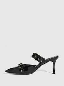 CUCCOO SZL Punk Style Metal Buckle Pointed Toe Patent Leather Sandals, Suitable For Street Style, Party And Other Occasions - Black - View 9