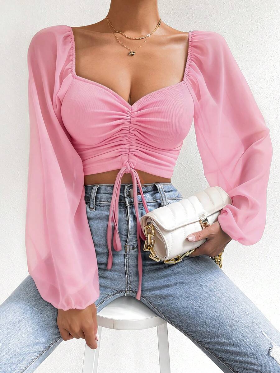 SHEIN Holidaya Áo croptop nữ kiểu dáng tối giản, cổ hình trái tim, tay phồng, có dây rút, thích hợp cho mùa thu. - Hồng - Xem 1