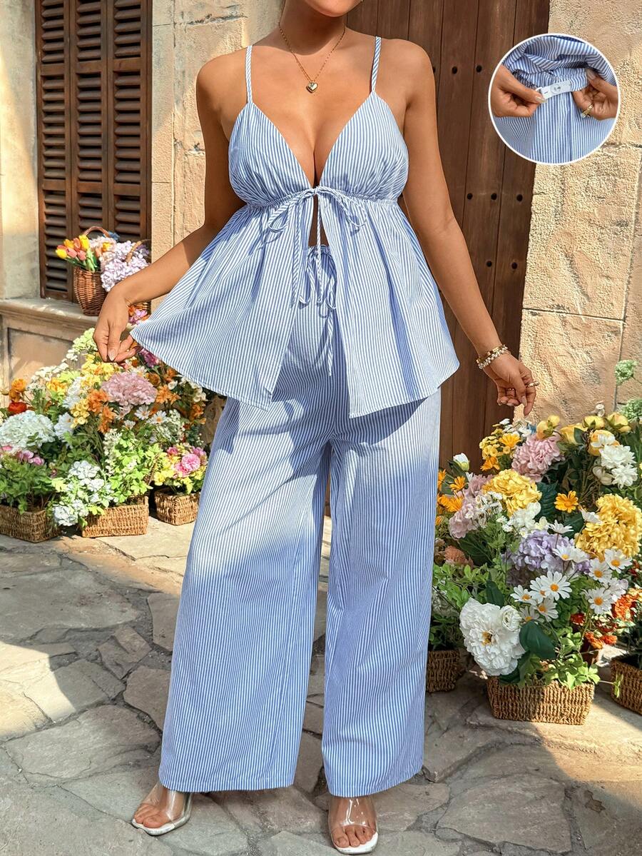 SHEIN 2件套孕妇休闲条纹吊带背心和裤子套装，夏季 - 藍白色 - 查看 1