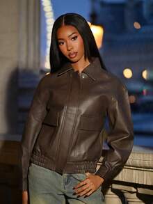 Mima John Autumn New Loose Casual PU Women's Jacket,Fall Women Clothes - Brown - View 3