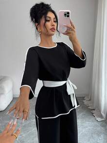 SHEIN Elenzya طقم ملابس علوية وبنطلون واسع الساق للنساء، أنيق للاستخدام اليومي والعطلات، مع تفاصيل خطوط ملونة وحزام، مناسب للربيع والخريف - الأسود - مشاهدة 7