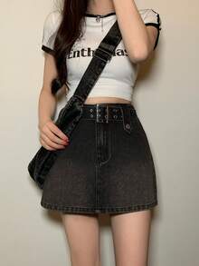 DAZY 女士休闲牛仔迷你裙，时尚设计，春夏款 - 灰色 - 查看 6