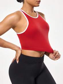 SHEIN Sports 1件吸湿排汗无缝基础款运动背心，撞色设计，红色 - 彩色 - 查看 5
