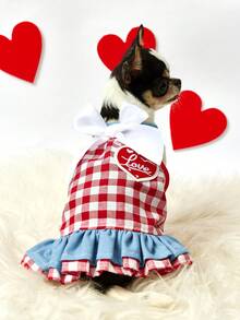 PETSIN Red & White Gingham Pet Dress With 'Heart Patch - Bow Collar & Ruffled Hem Dog Outfit, Cute Casual Summer Dress For Small Dogs & Cats - pink and blue - View 9