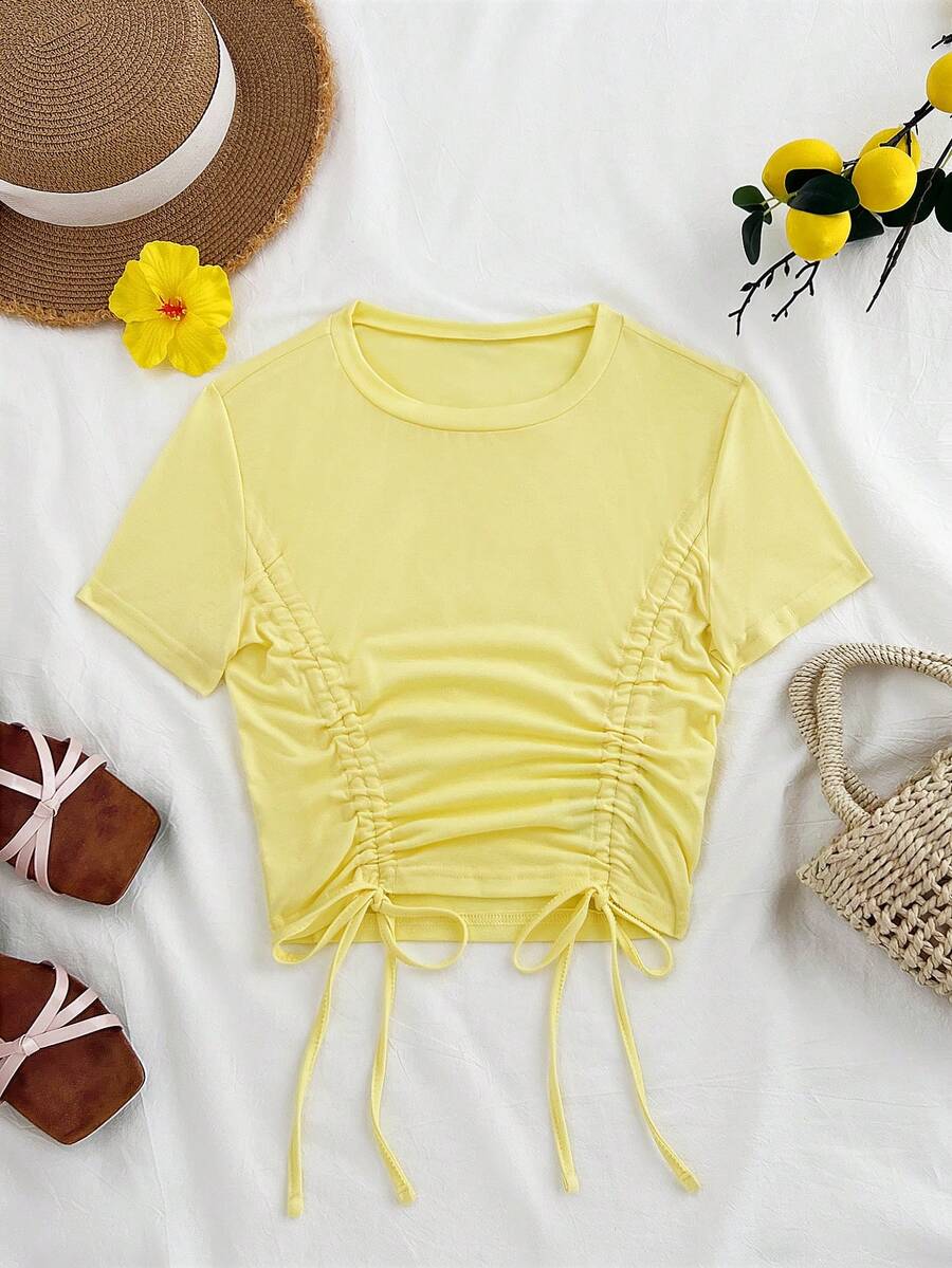 Flirla Women's Solid Color Round Neck Short Sleeve Drawstring Ruched T-Shirt,Cute Yellow Summer Tops For Vacation,Holiday Casual Versatile Ruched Top - Pale Yellow - View 1