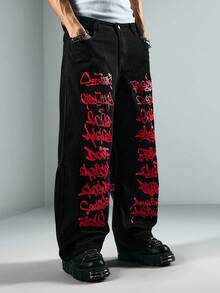 ROMWE MEN Street Life Men's Street Fashion Letter & Print Jeans - Black - View 4