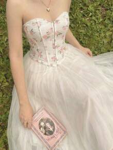 SHEIN MOD 女士蕾丝印花抹胸上衣