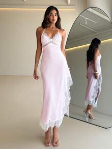 Aloruh 女士优雅V领系带露背修身缎面纯色粉色连衣裙，适合约会和度假穿着 - 淺粉色 - 查看 3
