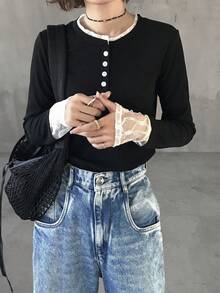 FRIFUL Women's Contrast Color Patchwork Sheer Lace Contrast Button Ribbed Fabric Slim Fit T-Shirt, Suitable For Spring - Black - View 1