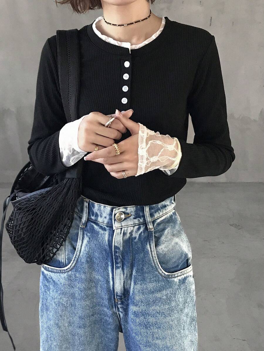 FRIFUL Women's Contrast Color Patchwork Sheer Lace Contrast Button Ribbed Fabric Slim Fit T-Shirt, Suitable For Spring - Black - View 1