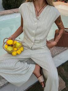 DAZY 女士条纹单排扣背心和裤子休闲两件套 - 卡其色 - 查看 3