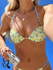 Swim Mod Women's Fashionable & Cute Vacation Beach Pool Party Plaid & Floral Pearl Halter Triangle Bikini Top - Multicolor - View 1