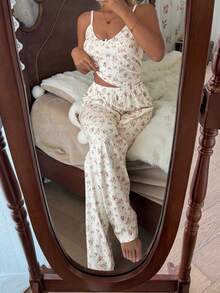 SHEIN 针织提花浪漫碎花吊带背心和裤子睡衣套装 - 彩色 - 查看 3