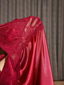 SHEIN Women's Backless Lace Trim Faux Silk Nightgown - Burgundy - View 11