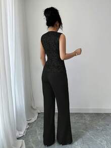 Rafferiza 优雅蓝色女士两件套，金色箔片3D印花金属扣装饰无袖背心和长裤，日常穿着两件套，夏季黑色裤装套装，女士优雅裤装，女士套装，黑色正装裤装 - 黑色 - 查看 2