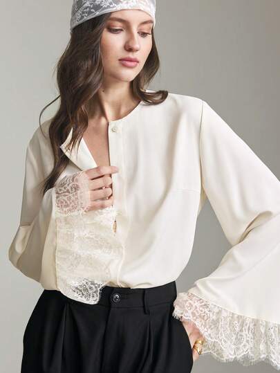 Ontre 2026ss Women's Light Apricot Comfortable Soft Matte Cracked Card Fabric Fitted Silhouette Dropped Shoulder Long Sleeve Front Center Opening Lace Trim Decorative Accents Modern Elegant Wedding Guest Minimalist Romantic French Luxe Urban Chic Business Casual Office Wear Low-Key Old Money Vibe High-End Quality Airport Fashion Cruise Wear Middle East Essential Versatile All-Season High-Quality Wedding Series Blouse Valentine's Day Special Design High-End, Elegant, Lace Trim Top