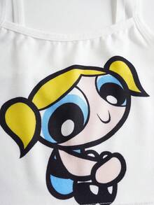 THE POWERPUFF GIRLS X SHEIN 少女花朵、泡泡、毛茛图案吊带背心和短裤内衣套装 - 白色 - 查看 8