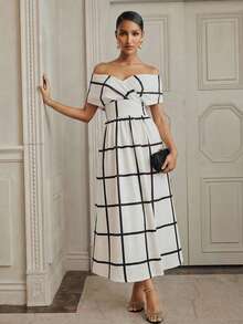 Anewsta Elegant Party Waist Twist Off Shoulder Design Cold-Shoulder Round Hem Plaid Print Dress For Women - Black and White - View 3