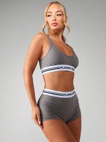 Missguided x Playboy Scoop Neck Bralette And Boxer Brief Set With Contrast Striped Band Athletic Inspired Loungewear Comfortable Everyday Intimates Two Piece Undergarment Collection - Grey - View 3