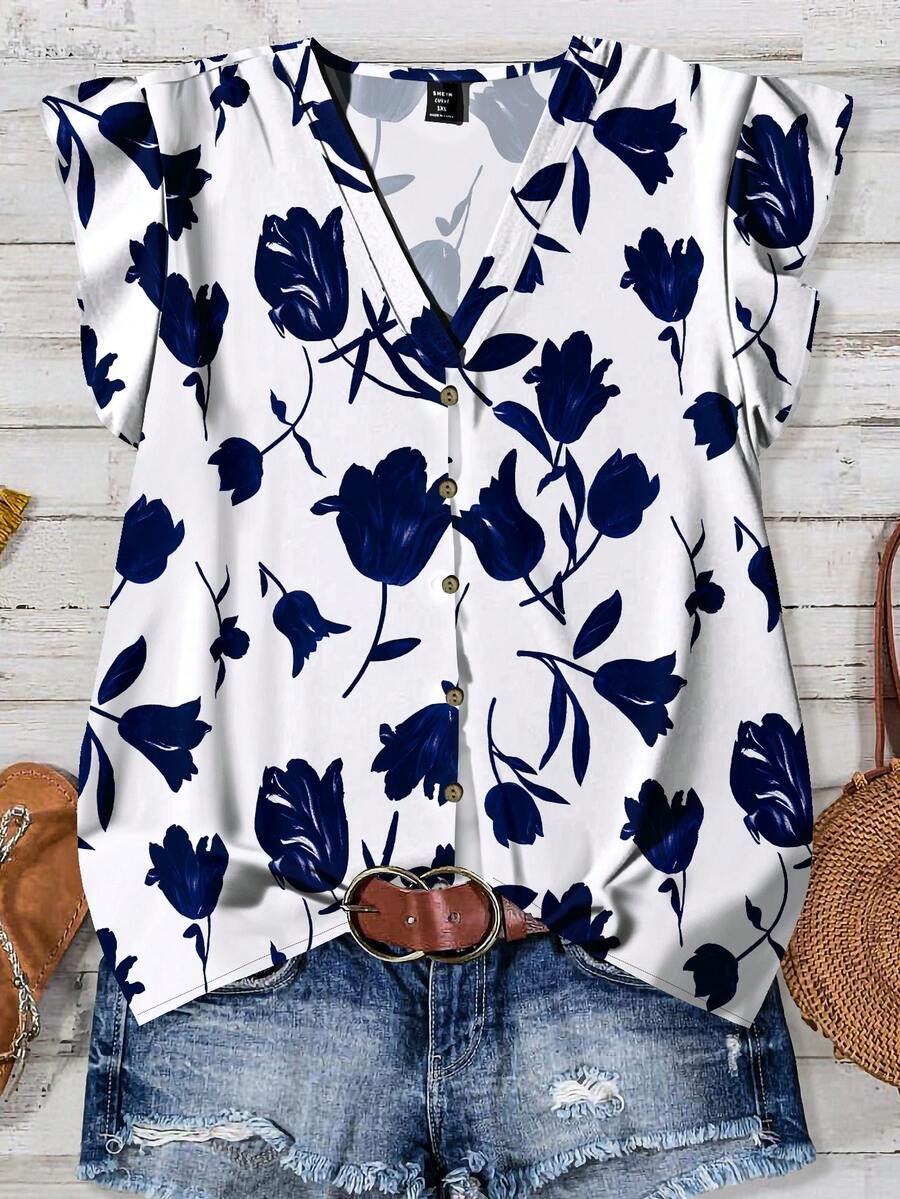 EMERY ROSE Plus Size Casual Minimalist Watercolor Blue Rose Floral Print Shirt With Small Flutter Sleeves, Suitable For Summer - Multicolor - View 1