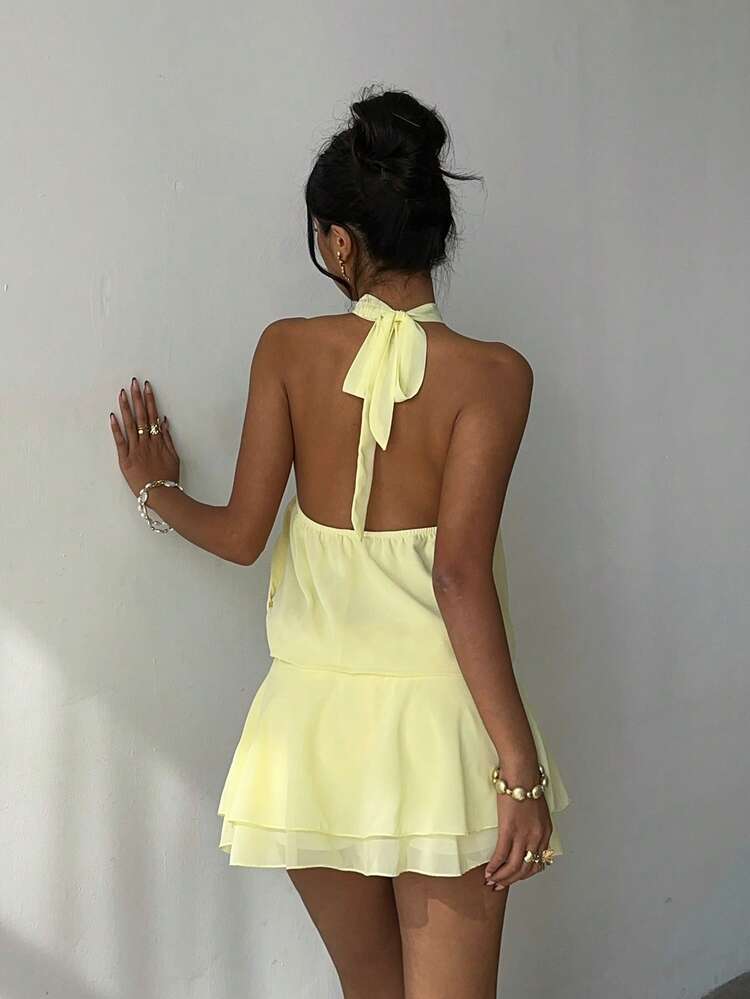Aloruh Women's Solid Yellow Halter Neck Tie Ruffle Hem Casual Vacation Dress, Spring/Summer - Yellow - View 2