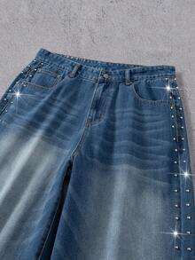 Manfinity Denimwave Men's Fashionable Wide Leg Jeans, Loose Fit With Pearl Embellishments - Medium Wash - View 3