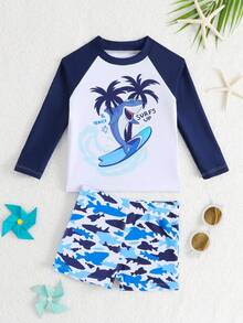 SHEIN Bộ đồ bơi 2 mảnh cho bé trai, gồm áo tay dài raglan in hình cua dễ thương và quần short kẻ sọc, thích hợp cho mùa hè ở bãi biển, hồ bơi, bơi lội, công viên nước, lướt sóng. - Nhiều màu - Xem 3