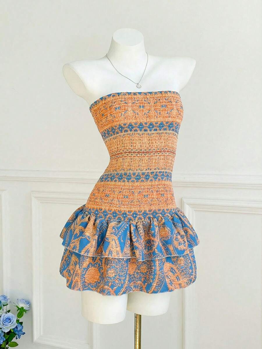 Elamini Paisley Print Strapless Mini Dress, Casual Vacation - Burnt Orange - View 1