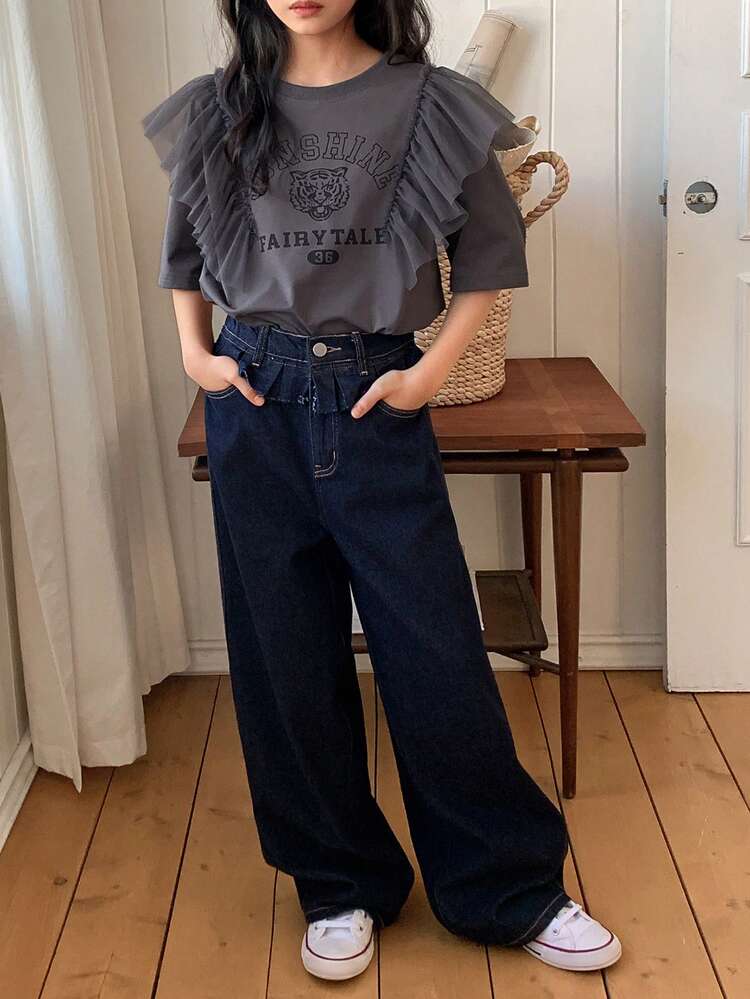 Tween Girl Letter & Tiger Print Mesh Patchwork Ruffle Hem Loose Short Sleeve T-Shirt Summer