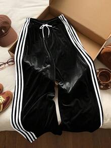 Comfortcana Quần dài cỡ lớn màu đen trắng trơn bằng nhung, thoải mái, phối sọc tương phản bên hông, thích hợp cho mùa xuân/thu. - Đen và trắng - Xem 4