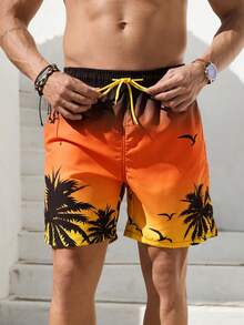 VIVINTIMO Men's Palm Tree Printed Beach Shorts,Hawaiian - Yellow - View 3