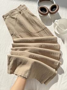 Comfortcana Calças retas de cintura baixa 100% algodão lavado casual plus size para mulheres, Calças de linho para mulheres, Calças de verão para mulheres, Calças de algodão, Calças de perna larga para mulheres, Calças de verão para mulheres, Outono/Inverno - Caqui - Visão 8