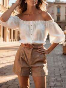 Balvessa 新款法式露肩泡泡袖上衣 - 白色 - 查看 3