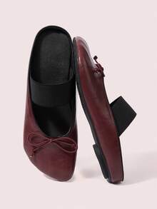 CUCCOO DOLLMOD Women's Burgundy Flat Bow Slip-On Mules, Elastic Strap Mary Jane, Sweet & Cute, Versatile For Campus Style Valentine's Day - Burgundy - View 2
