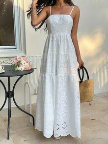 Sunnyshic Women's White Embroidered Hollow-Out Fabric Spaghetti Strap Camisole Backless Fitted Romantic Dress, Elegant European Style For Beach Holiday. Perfect Summer Holiday Outfits. - White - View 3